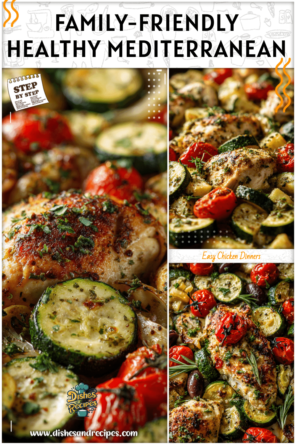 Golden roasted chicken and zucchini on a sheet pan ideal for family-style meals.